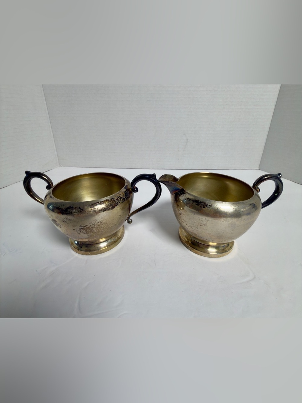 Vintage PS CO Silver Plate On Copper Creamer Sugar Set Vermeil Gold Wash